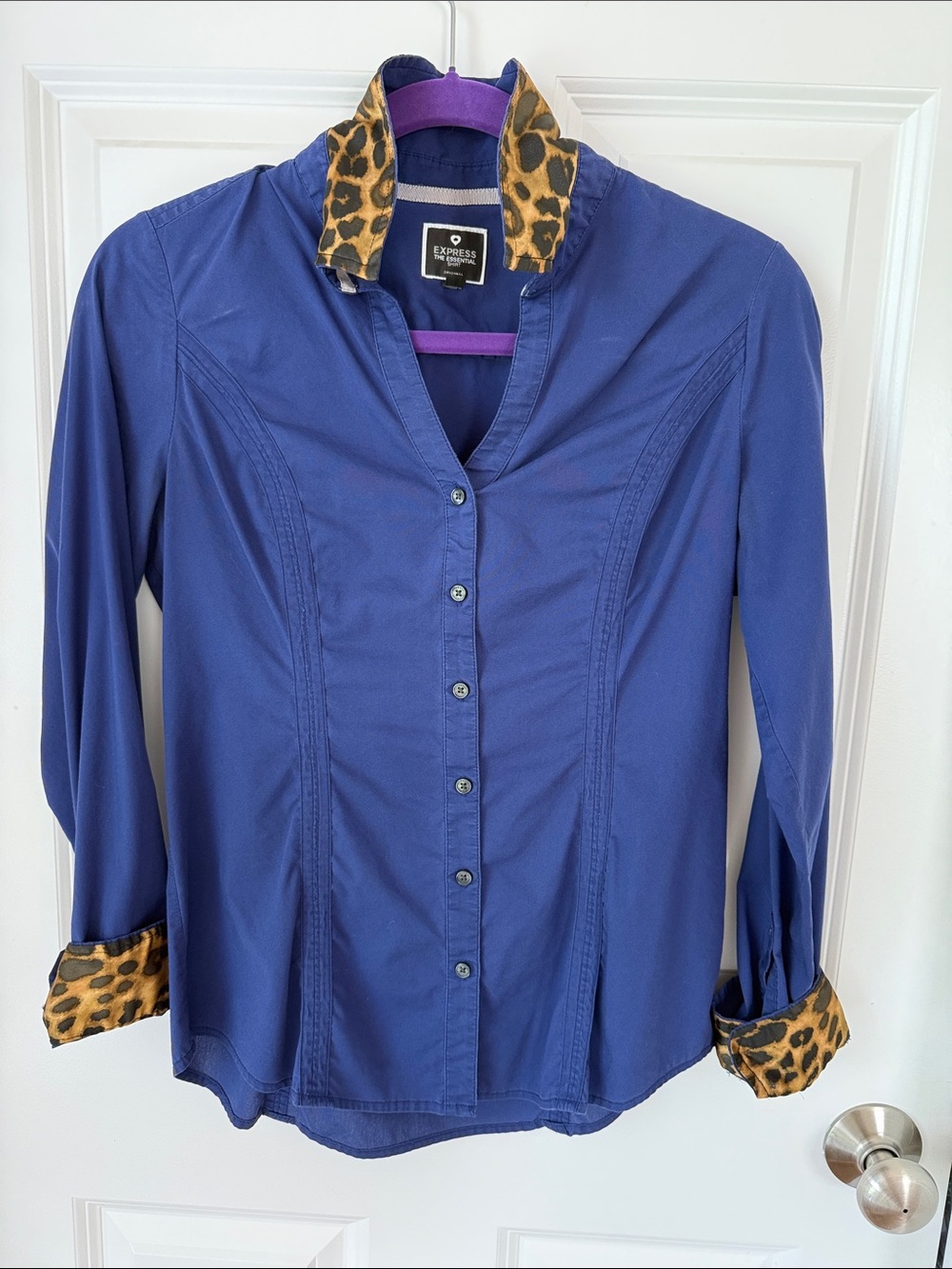 Express Blue Button-Down Shirt with Leopard Trim